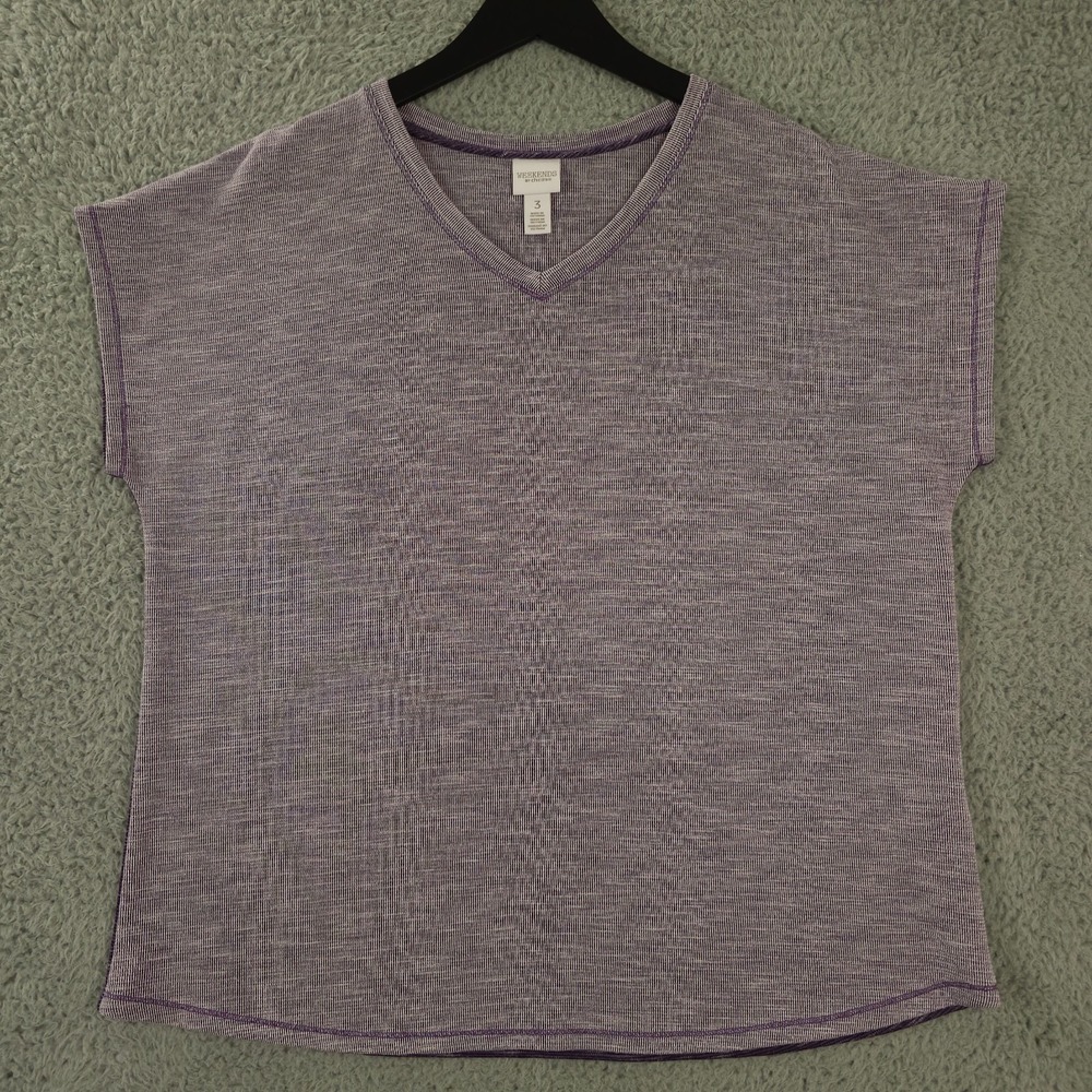 Weekends by Chicos Shirt Womens 3 US XL Purple Cap Sleeve Knit Mini Stripe Top